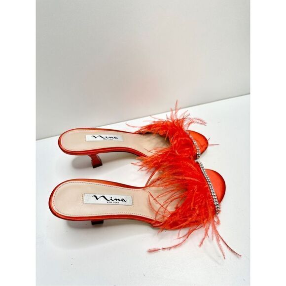Nina Sandals Womens Size 6 Red Feather Embellished Slip On Open Toe Shoes - Picture 6 of 10